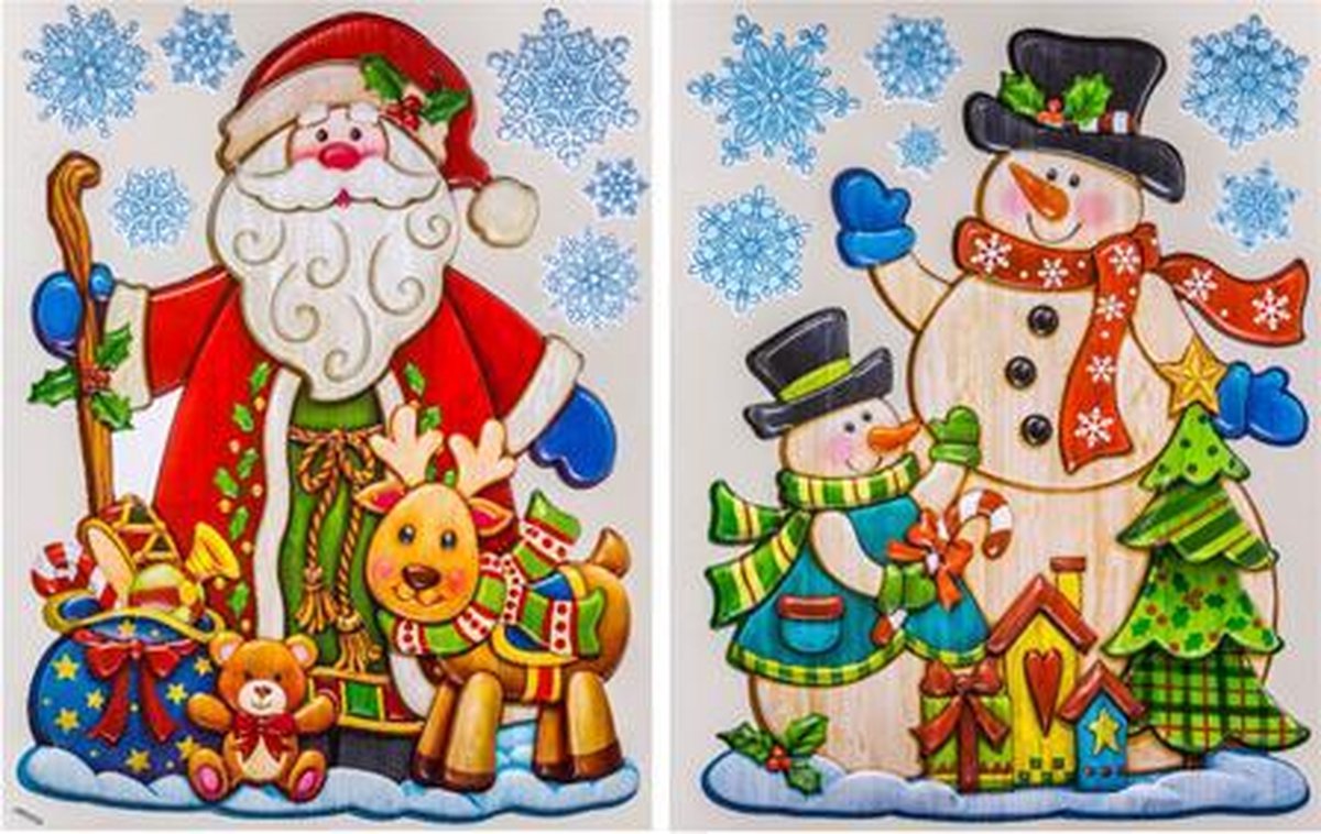 Set van 2 raamstickers met houteffect  -  Kerstman - Sneeuwpop - 27 x 35 cm - Raamdecoratie - Stickers