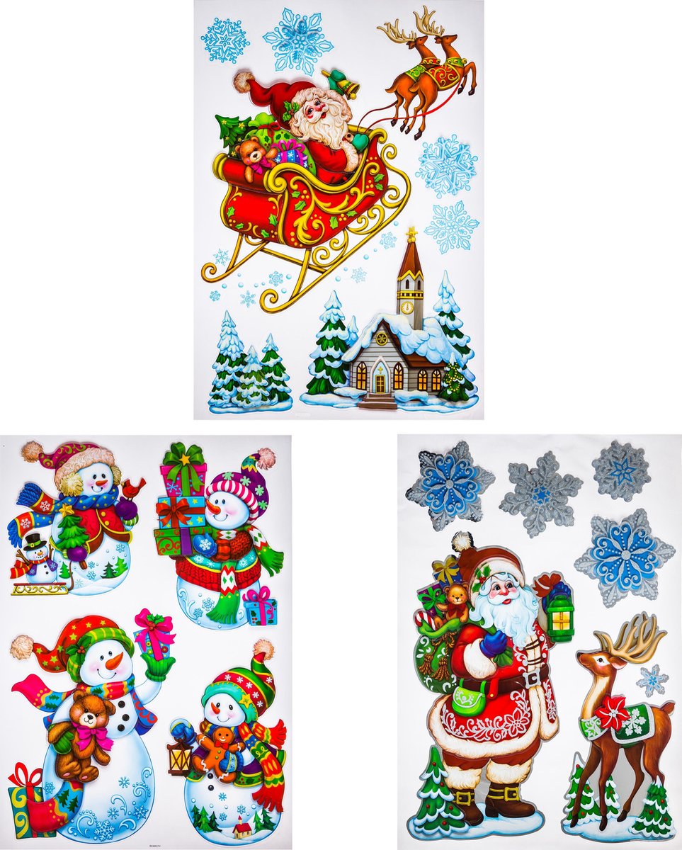 Set van 3 raamstickers Kerstmis 3D - Raamdecoratie - Kerstman - Sneeuwpop - Rendier - stickers