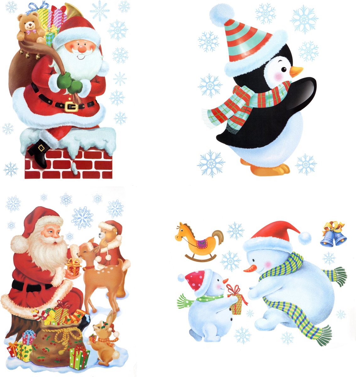 Set van 4 glitter raamstickers Kerstmis - Raamdecoratie - Stickers - Kerstman - Sneeuwpop - Pinguïn - 29.5 x 40 cm