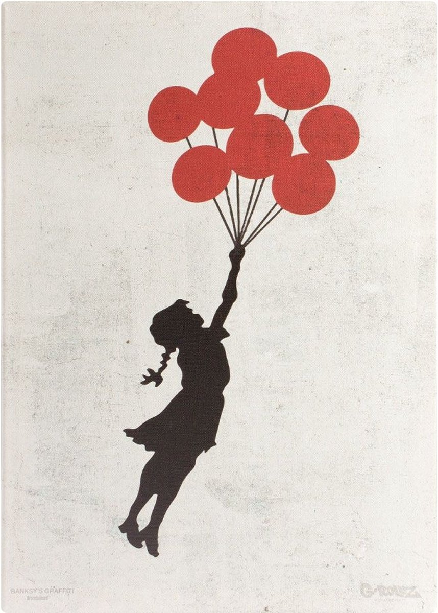 Banksy Graffiti - Flying Baloon Girl - Wanddecoratie - Premium Kwaliteit - Canvas Print - Canvas Schilderijen - Muur Schilderijen - Canvas - Wanddecoratie - Afmeting 48cm x 67.5cm 2cm Dik