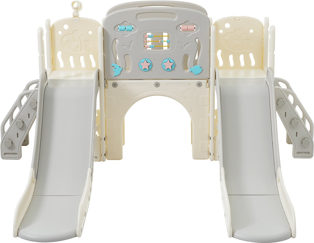 8-in-1 Speeltuinset voor kinderen, vrijstaande set met zeedierenthema met glijbaan, gebogen tunnel, basketbalring en telescoop, dubbele glijbanen voor peuters, klimrek voor kinderen