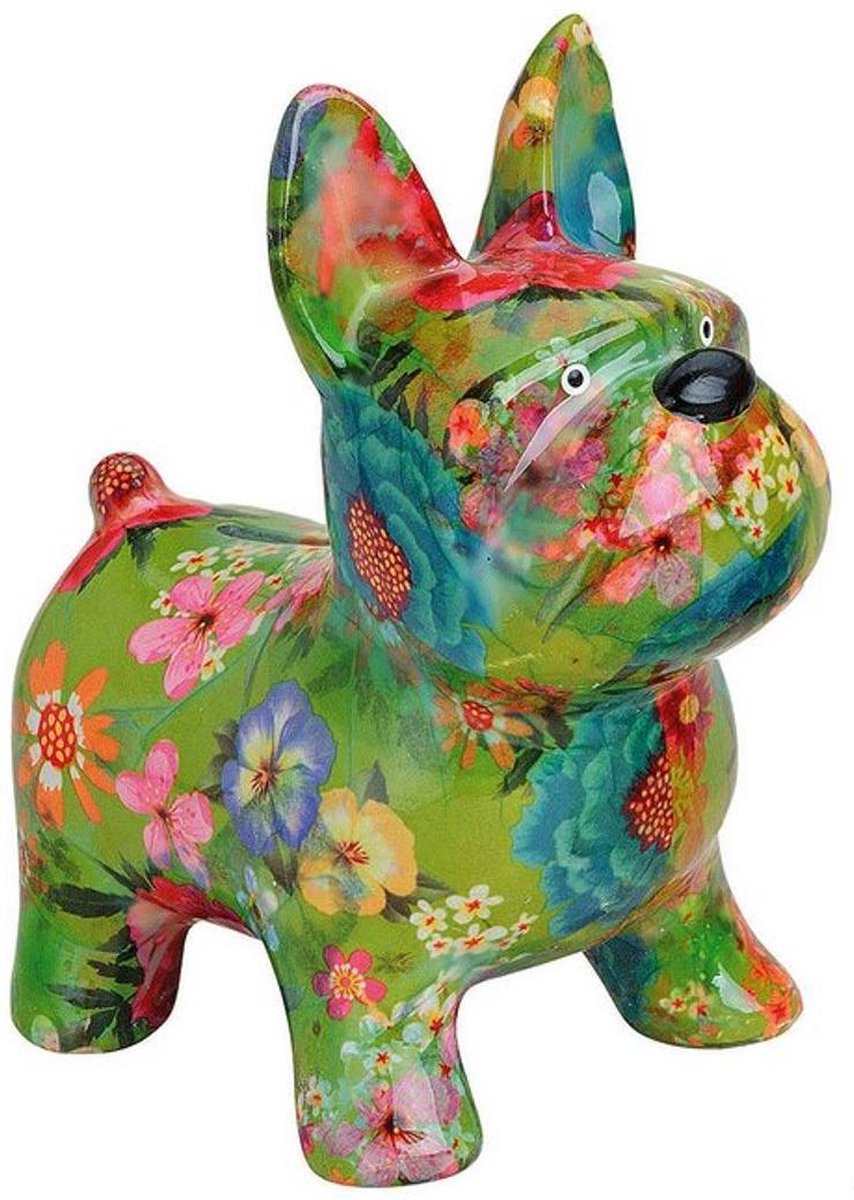 Franse Bulldog Spaarpot - Groen Met Bloemenmotief