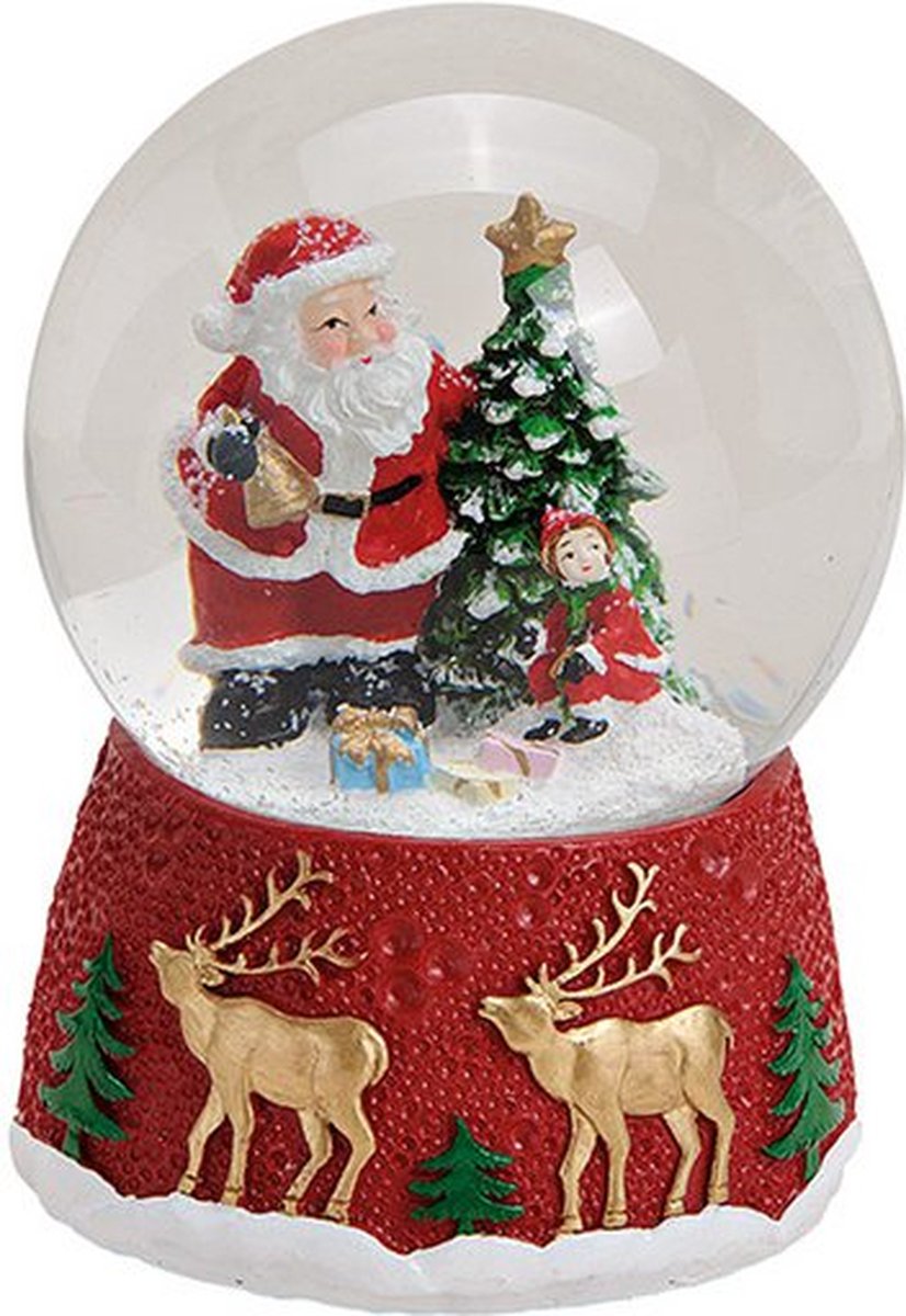 Muziekdoos, sneeuwbol, kerstman op elandmotief, voet van poly, gekleurd glas (B / H / D) 10x14x10cm