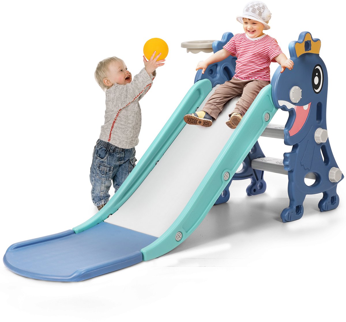 Peuter   3-in-1 – Opvouwbare Kinderglijbaan met Basketbalring & Klimrek – Kunststof Speeltoestel Binnen & Buiten – Voor Kinderen 1-3 Jaar – Speelset Peuterspeelgoed – Blauw