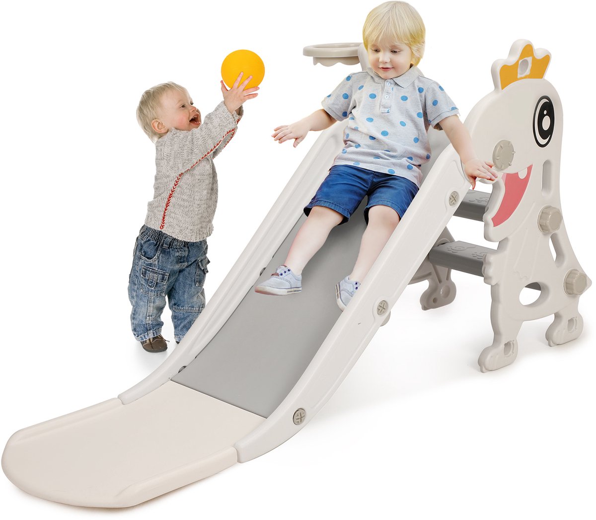 Peuter   3-in-1 – Opvouwbare Kinderglijbaan met Basketbalring & Klimrek – Kunststof Speeltoestel Binnen & Buiten – Voor Kinderen 1-3 Jaar – Speelset Peuterspeelgoed – Wit