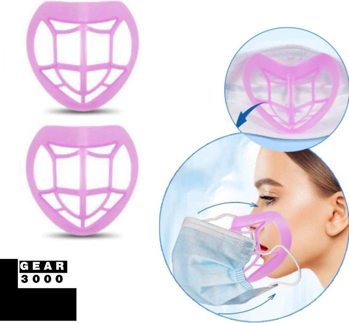 Bracket 3D voor mondkapje - 2 stuks - innermask - vergemakkelijkt ademhaling - beschermt make up - herbruikbaar - roze - GEAR3000®