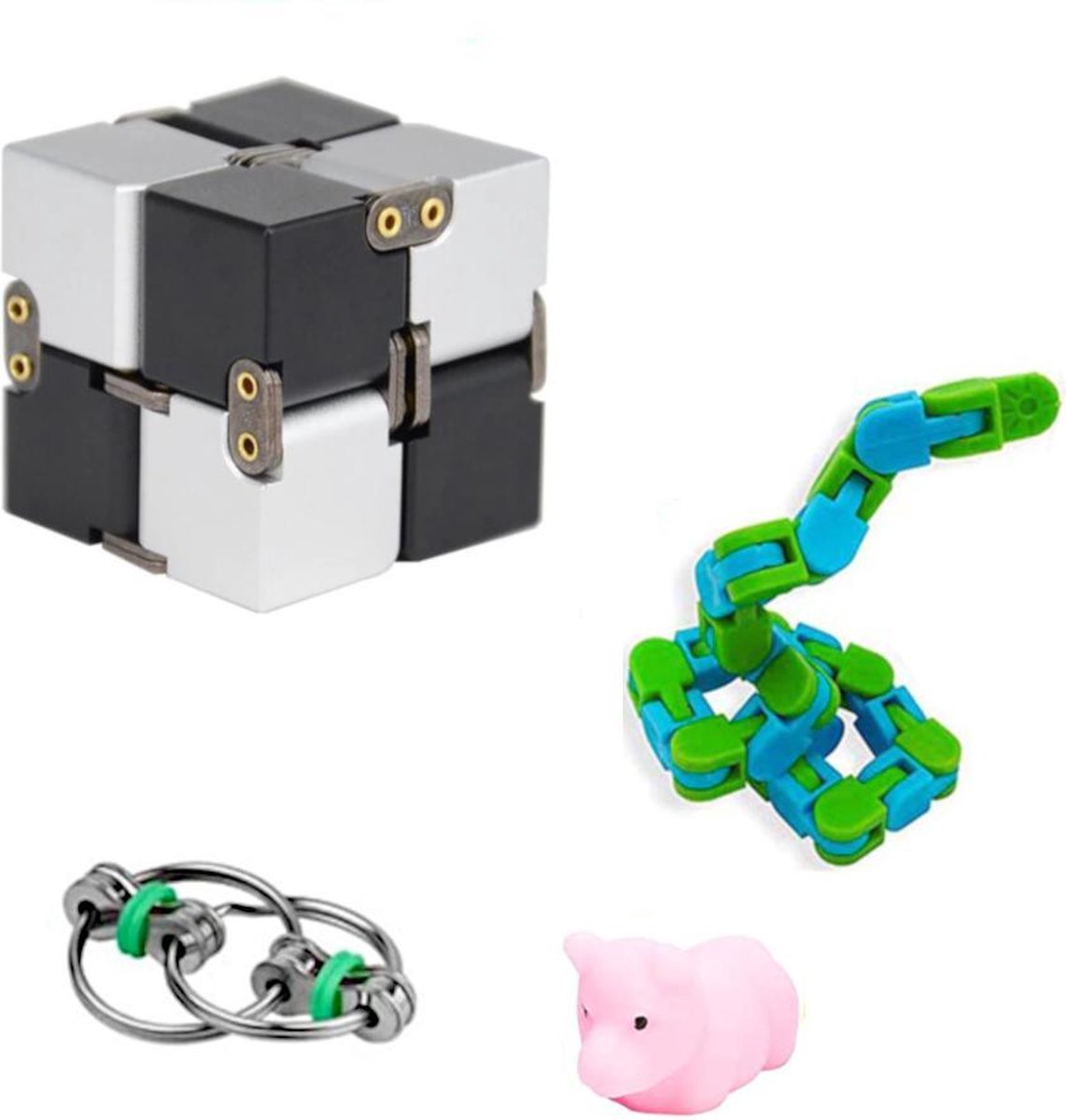   toys pakket onder de 15 euro - onder 20 euro - fidgets set - cube - tangle - ring - squishy - 4 stuks