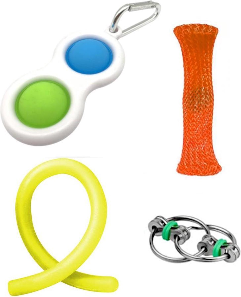   toys pakket onder de 15 euro - onder 20 euro - fidgets set - simple dimple - mesh-and-marble - rope - ring - 4 stuks