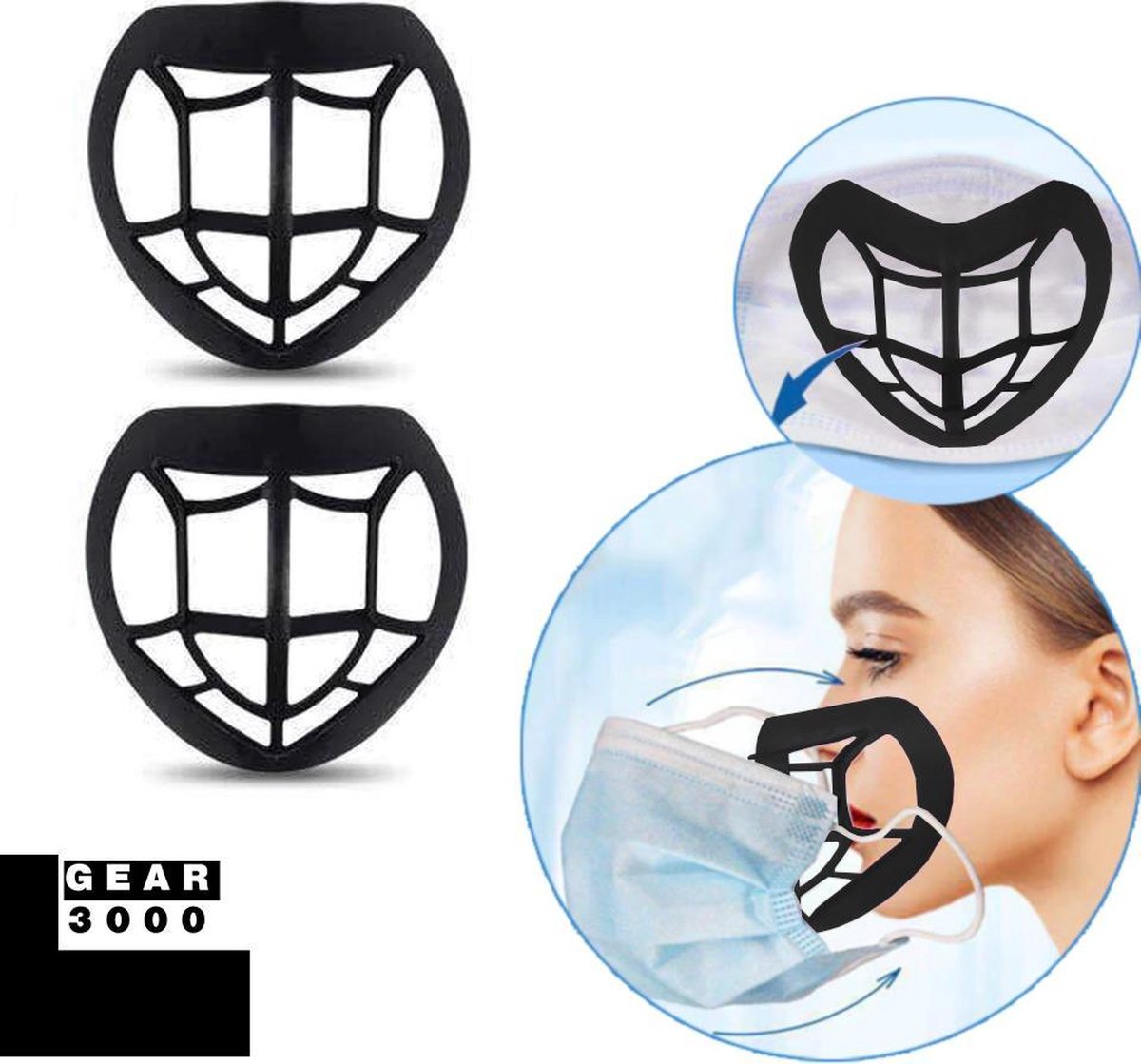 Innermask -  2 stuks - Bracket 3D voor mondkapje - Sillicone PE - vergemakkelijkt ademen - beschermt make up - herbruikbaar - zwart - GEAR3000®