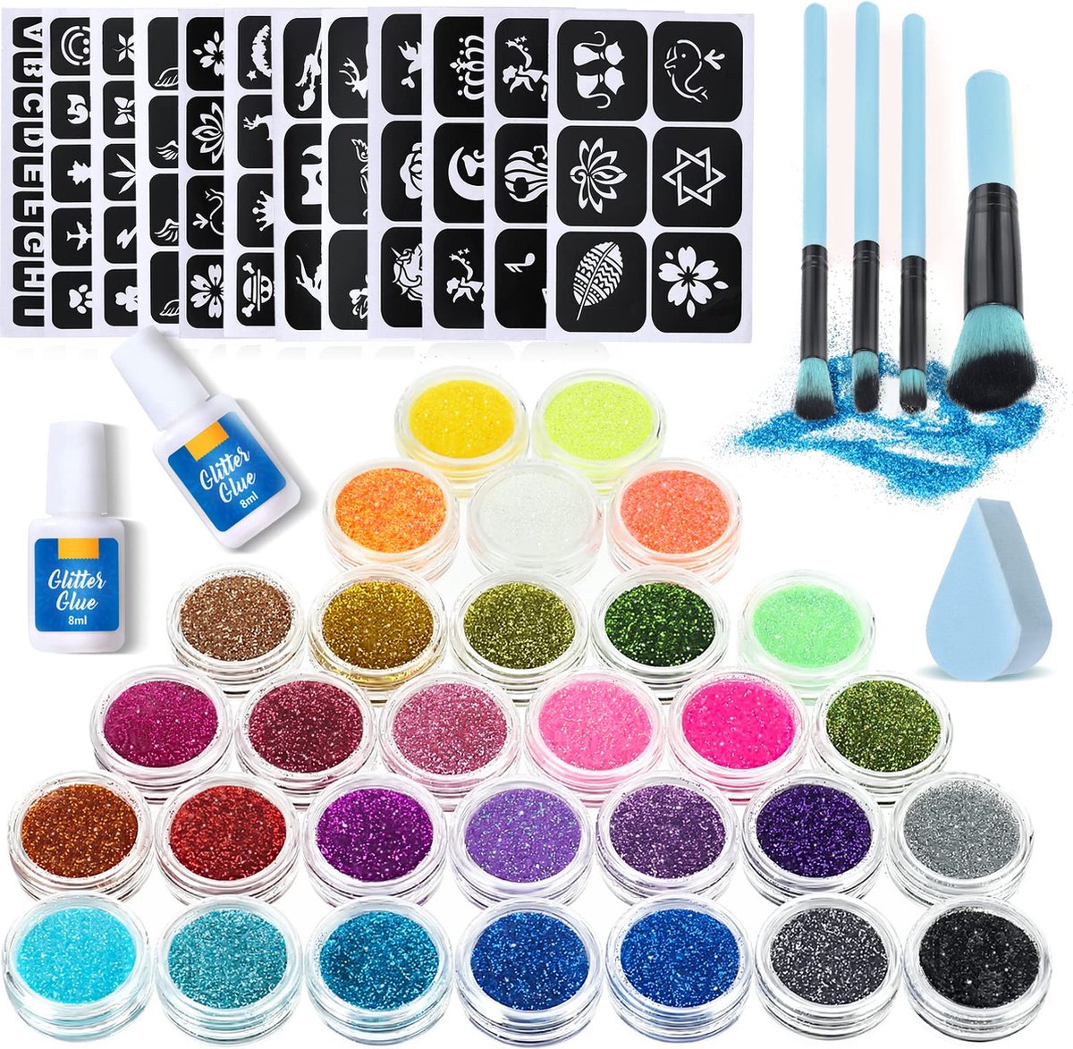 GLAMADOR Glitterset - Glitters - glittertattoos - Glitter dots - Strooi glitters - Make up - Glitter lijm - voor kinderen, meisjes, volwassenen, -voor kinderdag, verjaardag feest - DIY -  30 kleuren - 145 sjablonen