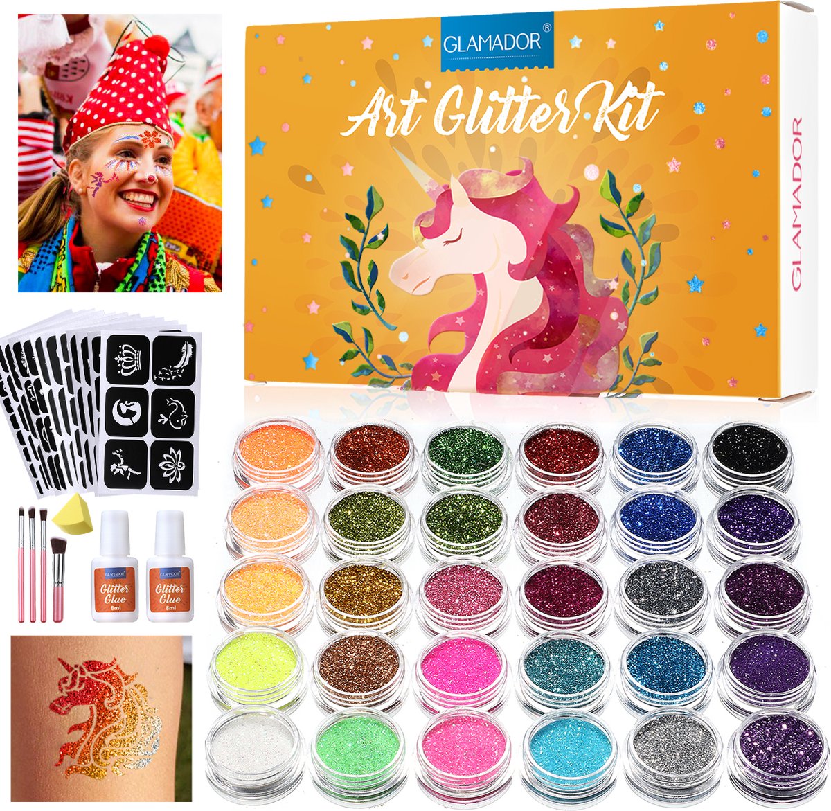 GLAMADOR Glitterset - Glitters - glittertattoos - Glitter dots - Strooi glitters - Make up - Glitter lijm - voor kinderen, meisjes, volwassenen, -voor kinderdag, verjaardag feest - DIY - 30 kleuren - 147 sjablonen