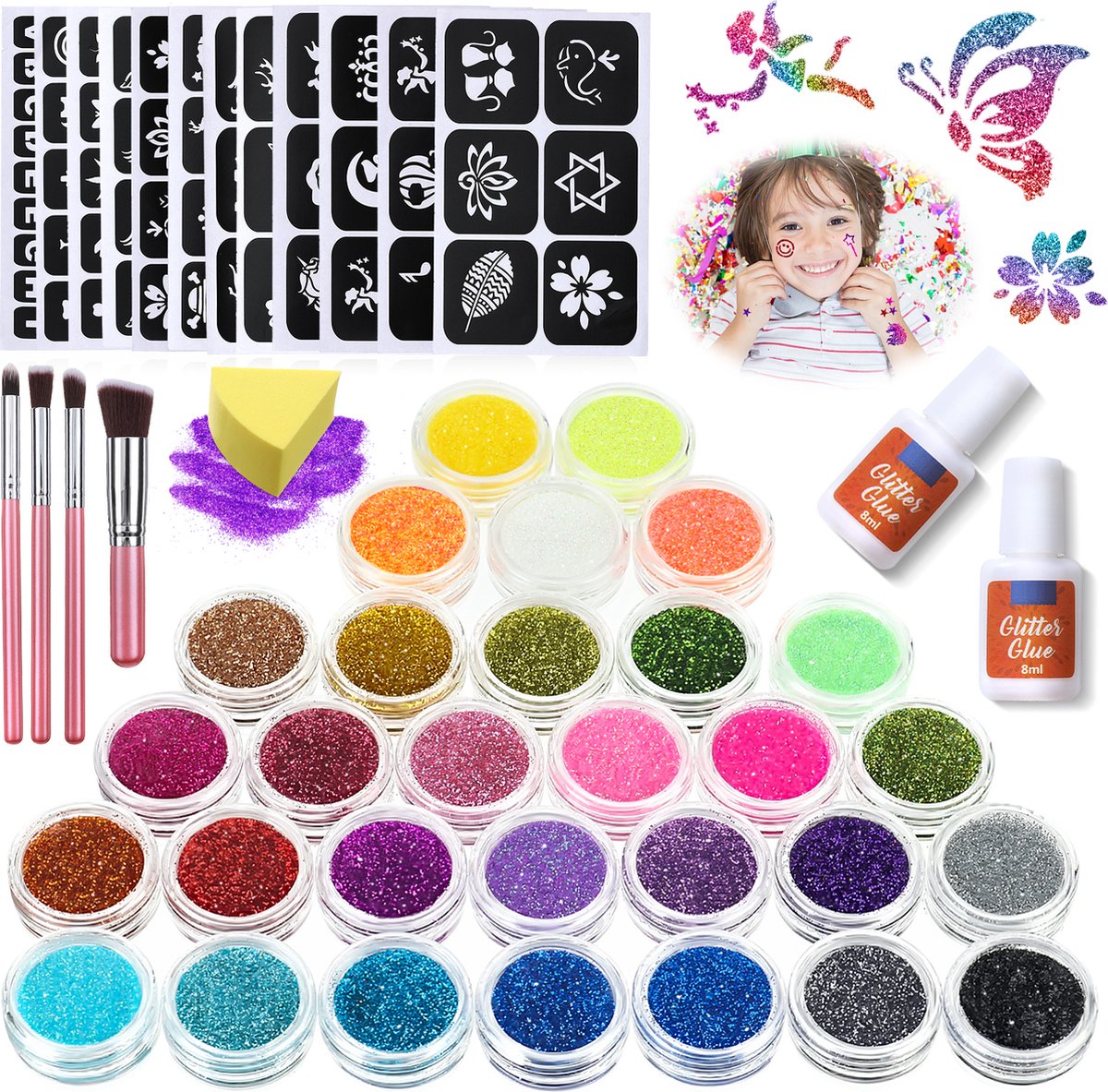 GLAMADOR Schminkglitters - Glitter Tattoo set - 30 kleuren - 135 Patroon - Waterdicht - voor Kinderen en volwassenen - DIY Feest