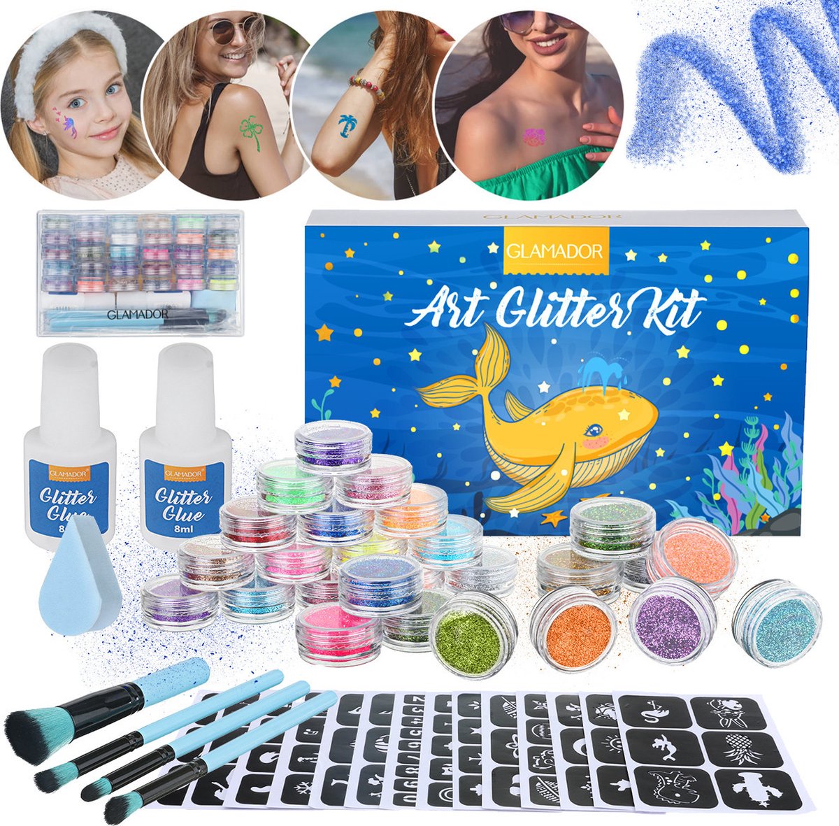 GLAMADOR Schminkglitters - Glitter Tattoo set - 30 kleuren - 145 Patroon - Waterdicht - voor Kinderen en volwassenen - DIY Feest