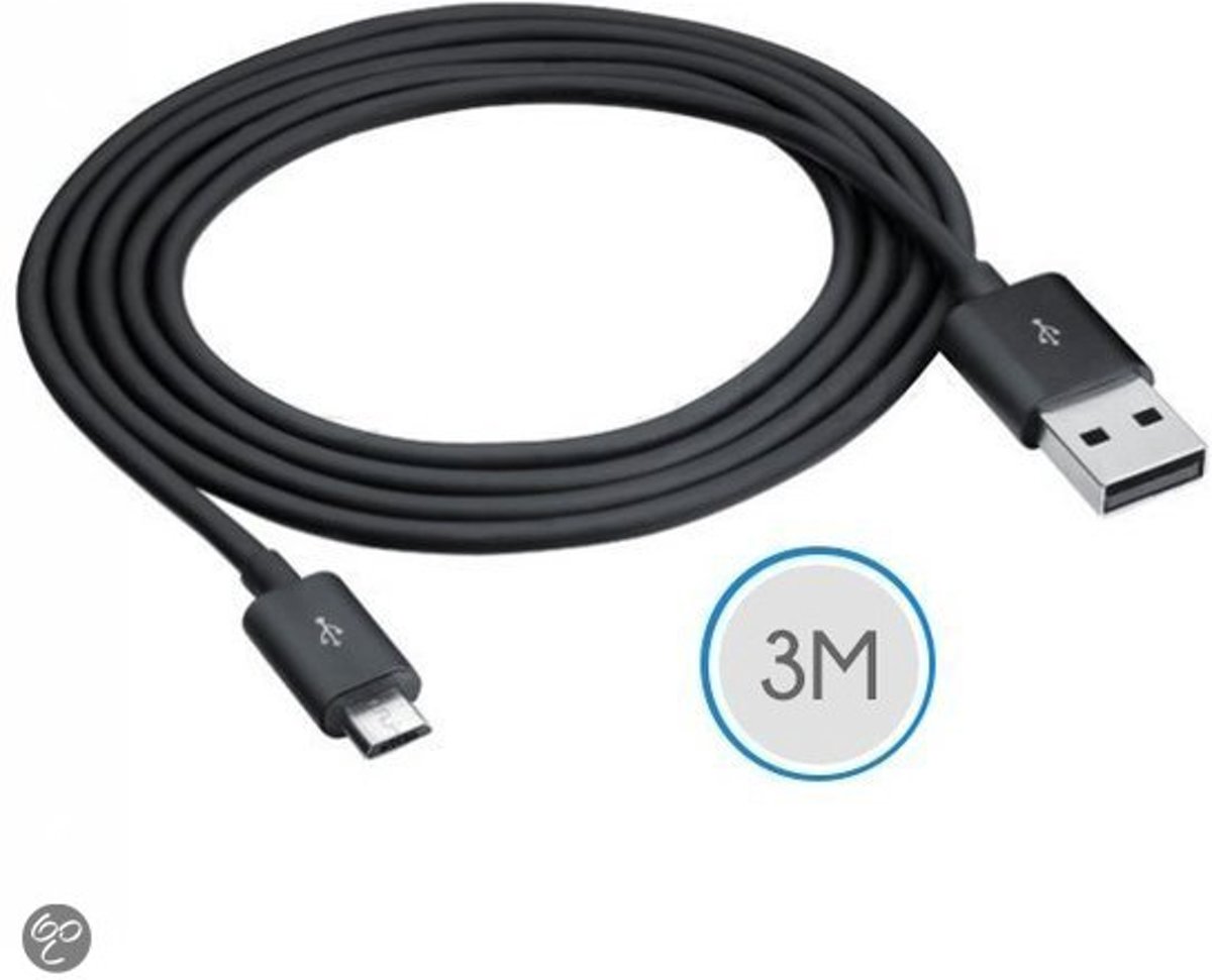 3 meter Micro USB 2.0 oplaad kabel universeel - zwart