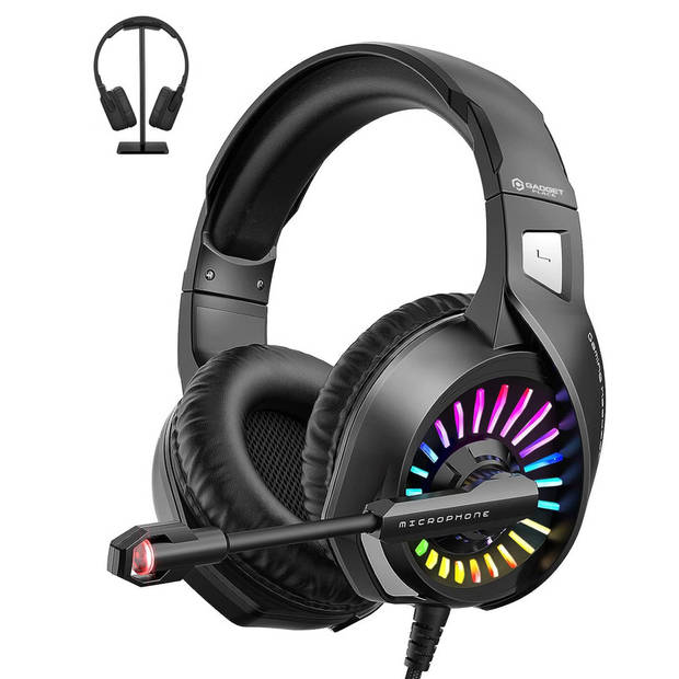 Gadgetplace Gaming Headset met Microfoon - Inclusief Koptelefoon Houder - LED Koptelefoon met Draad - RGB Gaming Headset