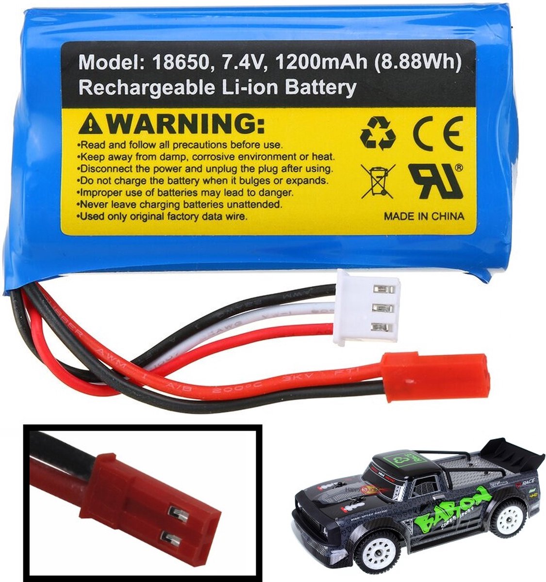 Lipo Accu 7,4V 1200 mAh voor RC Voertuig met JST Aansluiting - Batterij voor SG Pinecone en UDIRC -  RC Car Accessoires - RC Auto Onderdelen