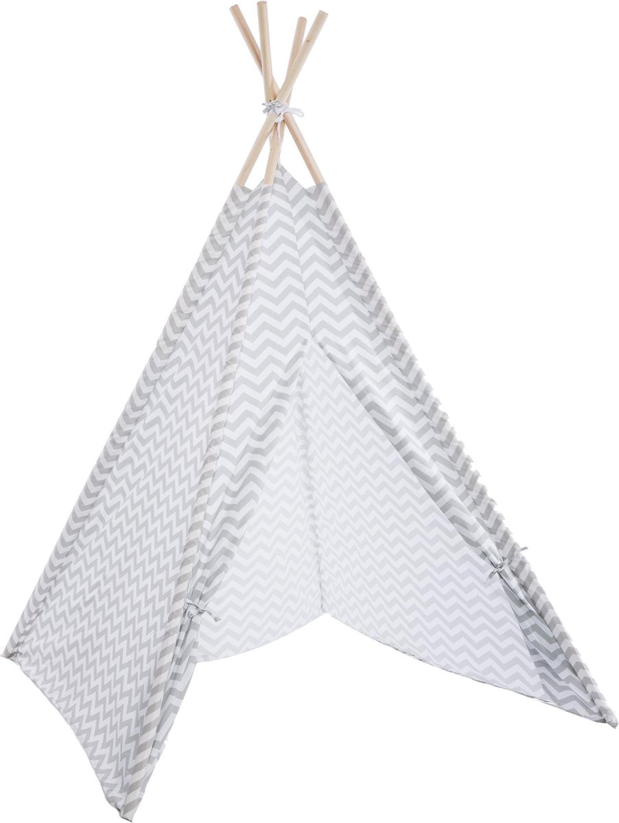 Speeltipi – Kinder Tipi – Speeltent – Kinder Wigwam – Grijs – Wit – Tipi om in te Spelen – Hout – Polyester – 120x120x160cm