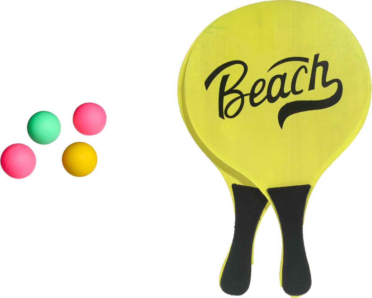   strand Beachball set - hout - geel - strand sport speelset - met 5x balletjes - speelgoed - kinderen en volwassenen