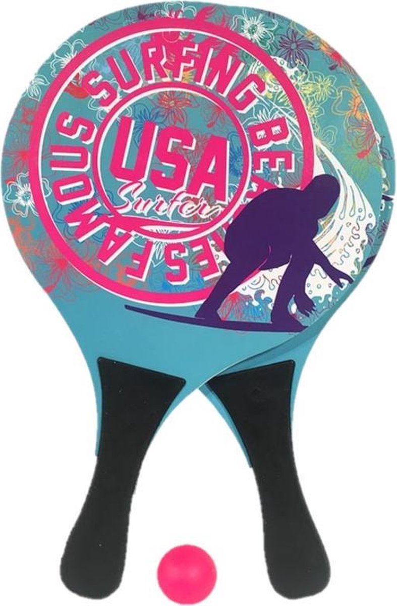 Houten beachball set met USA surfing print - Strand balletjes - Rackets/batjes en bal - Tennis ballenspel