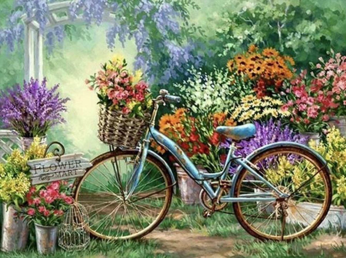 Diamond painting fiets met mand 40 x 50 cm volledige bedrukking ronde steentjes - direct leverbaar - nieuw - natuur -  bloemen - bloemstuk - fiets - mand met bloemen - vogel kooi - landschap - bos.