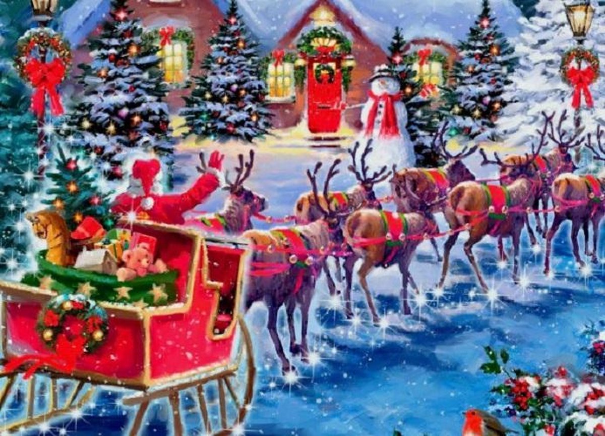 Diamond painting kerstmis kerstman met slee unieke painting 40 x 50 cm volledige bedrukking ronde steentjes direct leverbaar Christmas - kerst - kerstman - gezelligheid - rendier - hert - arrenslee - december - kerstboom - sneeuwpop - dorp