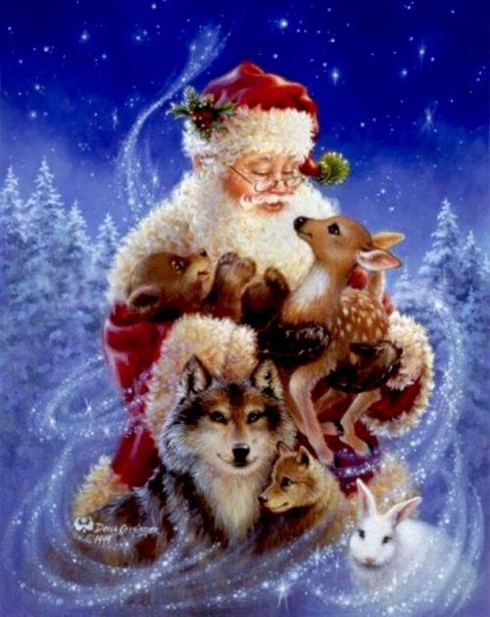 Diamond painting kerstmis  kerstman met wolf konijn ree vos beer unieke painting 40 x 50 cm volledige bedrukking ronde steentjes direct leverbaar Christmas - kerst - kerstman - gezelligheid - december - kerstboom