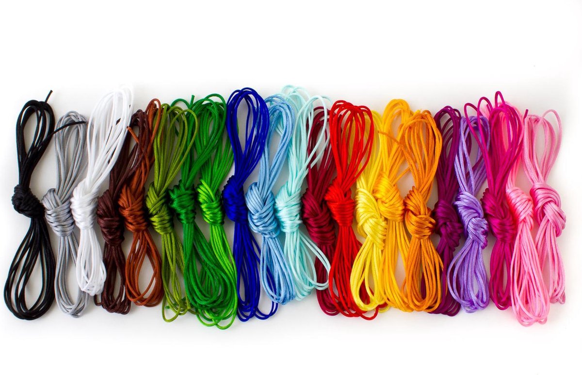 satijnkoord regenboog kleuren 21 kleuren   300 cm x 1mm 63meter armbandje knopen diy armband zelf maken zomer vakantie knutselen Japans vlechten Kumihimo macramé persoonlijk cadeau maken