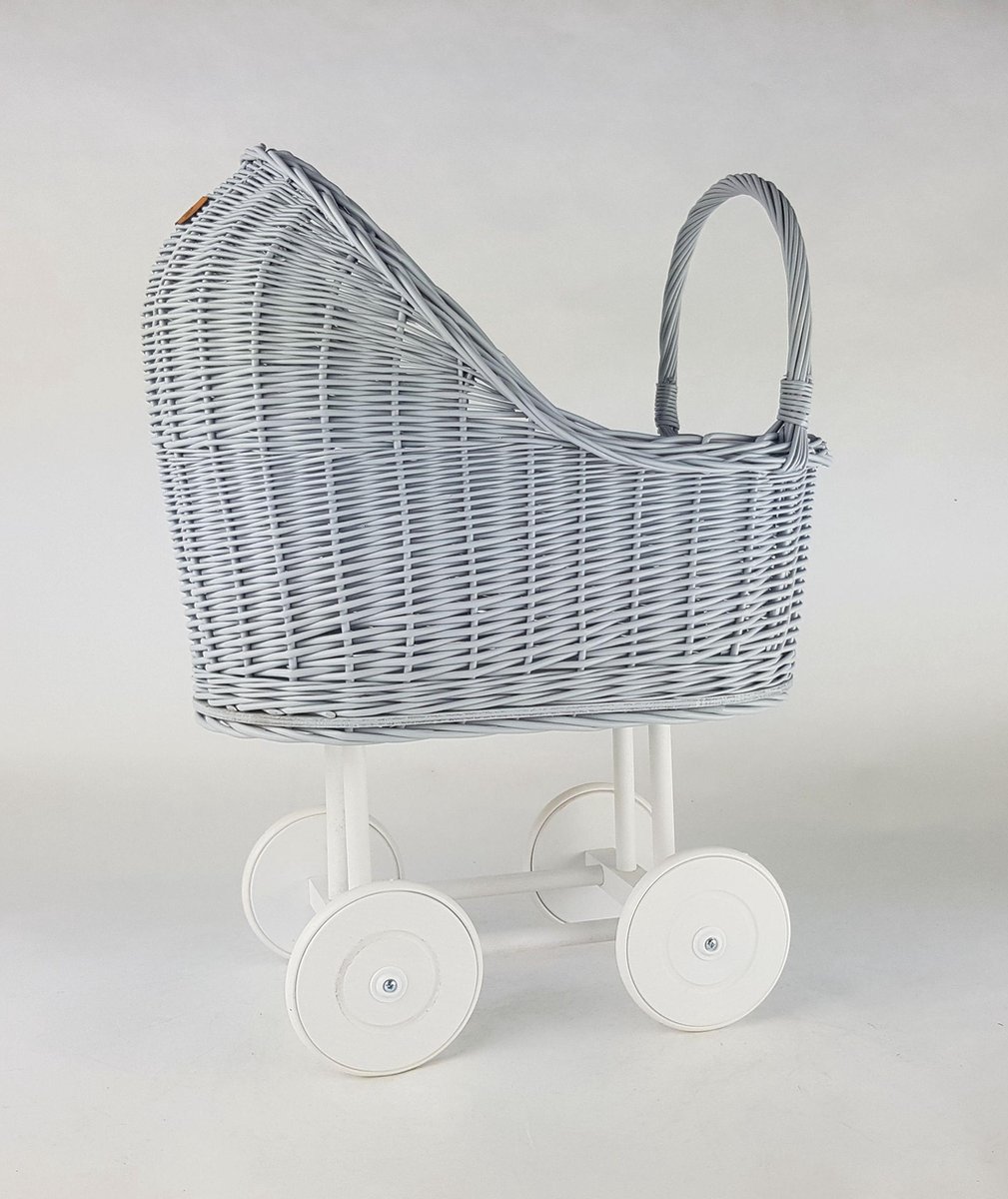 Rieten poppenwagen XL Grijs/ Wit onderstel zonder accessoires