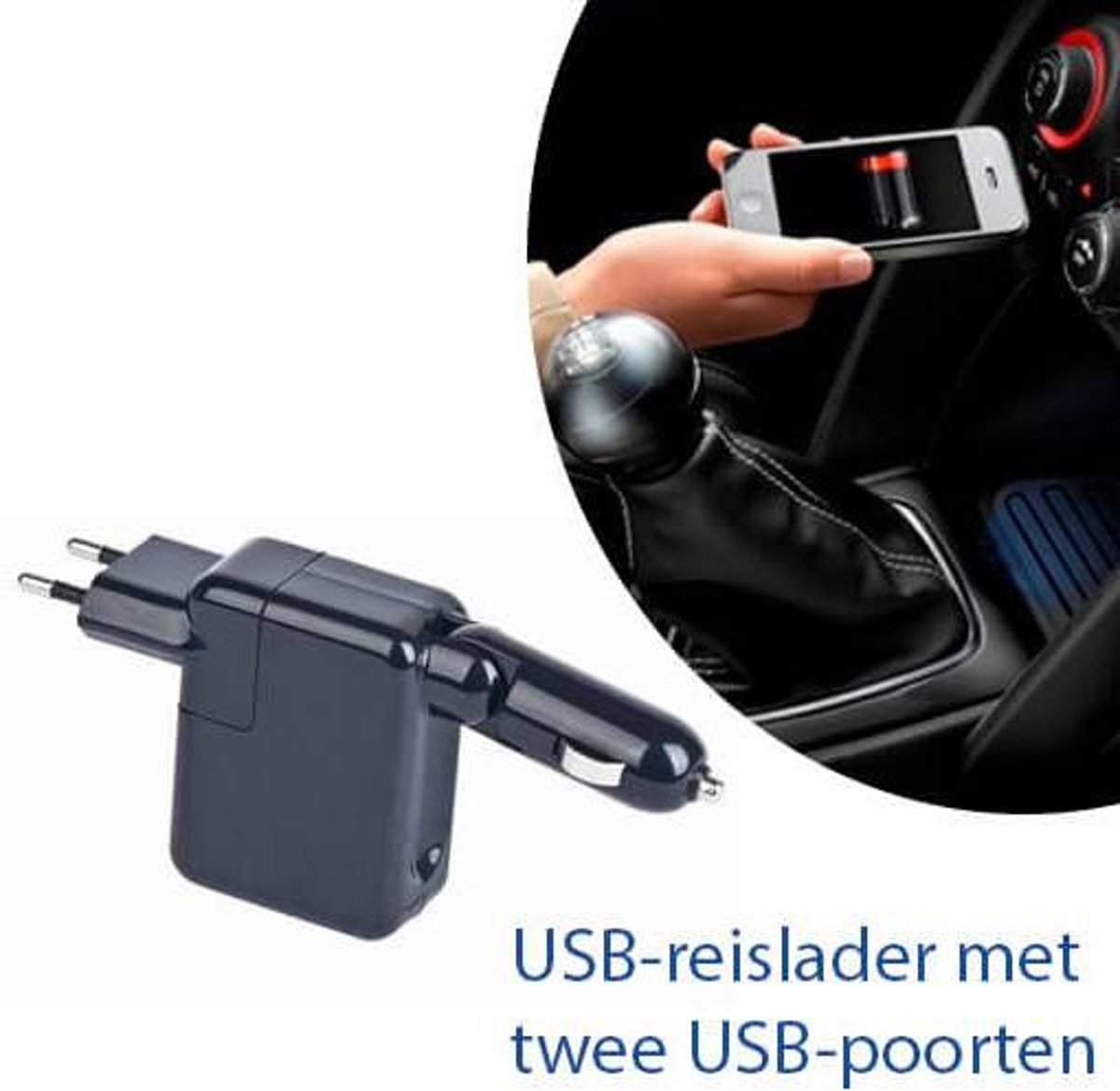 USB-reislader met twee USB-poorten en auto stekker