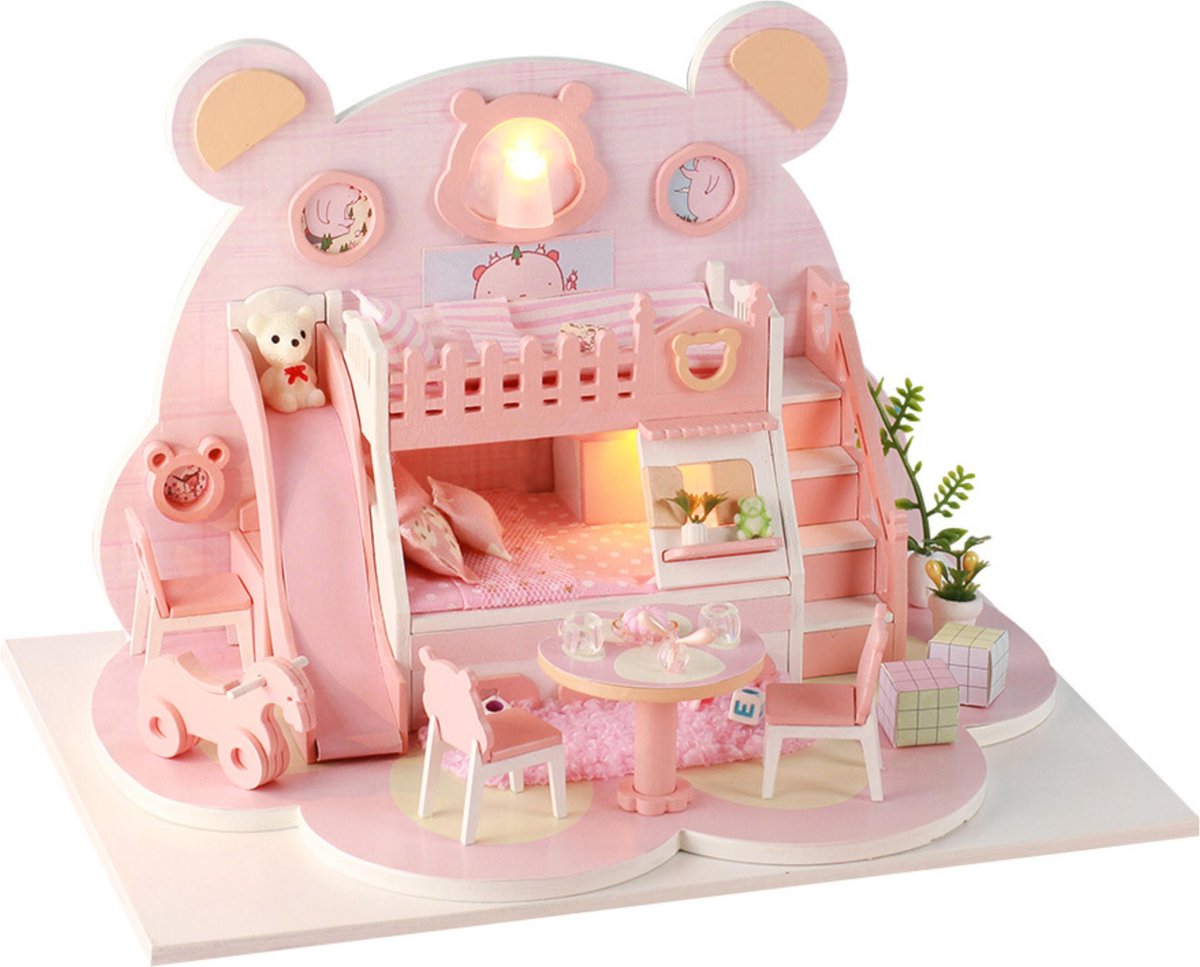 DIY dollhouse Bear Workshop- Miniatuur poppenhuis met LED licht – Houten bouwpakket – Inclusief stofkap – Modelbouwpakket – Hobby pakket volwassenen