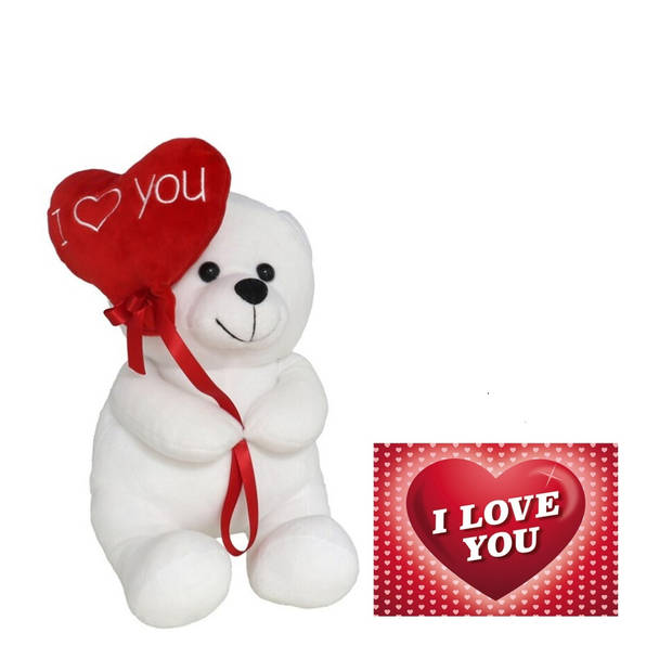 Pluche knuffelbeer met I Love hartje - wit/rood - 20 cm - inc. wenskaart - Knuffelberen