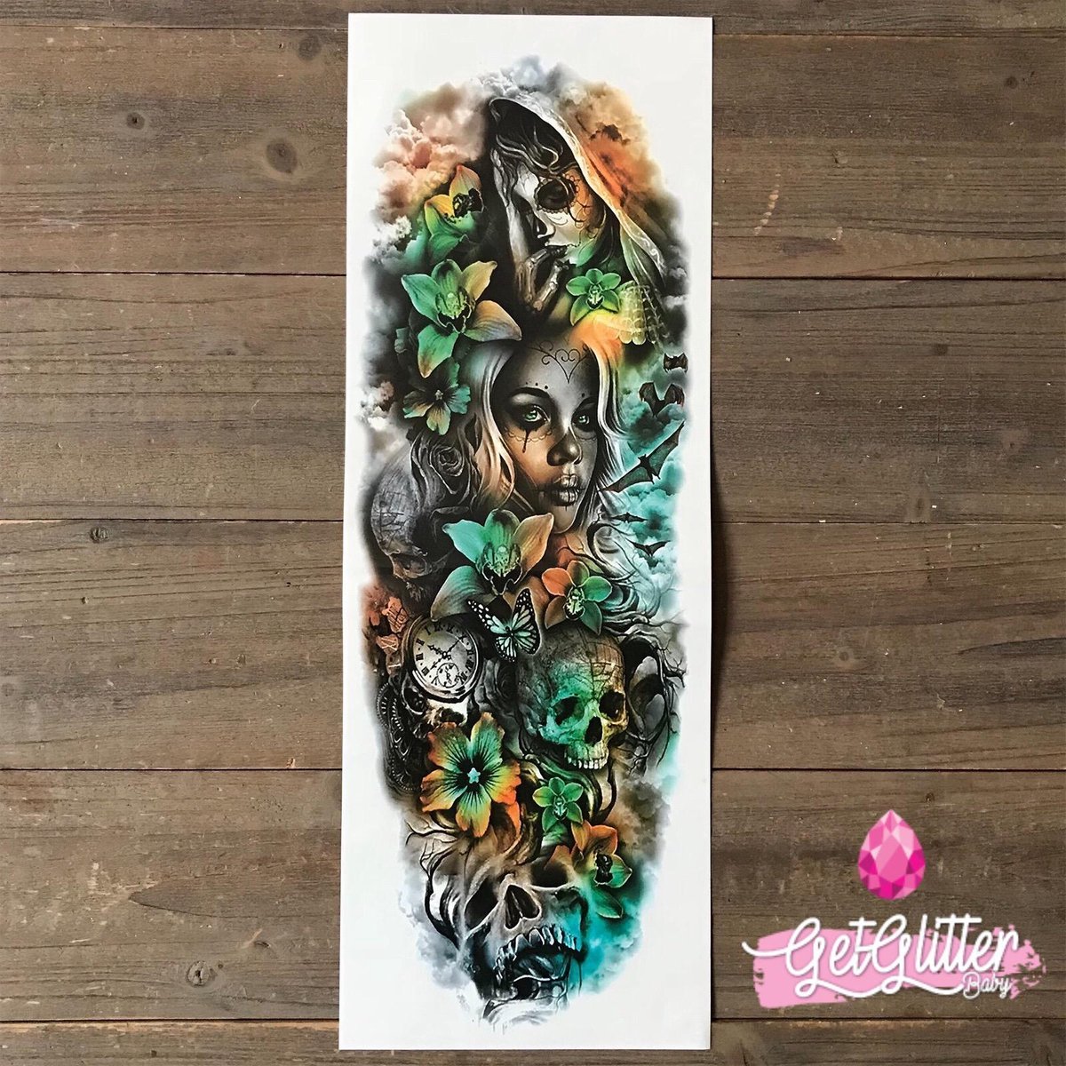 GetGlitterBaby - Plak Tattoo Sleeve / Nep Tatoeage - Bloemen en Doodshoofden