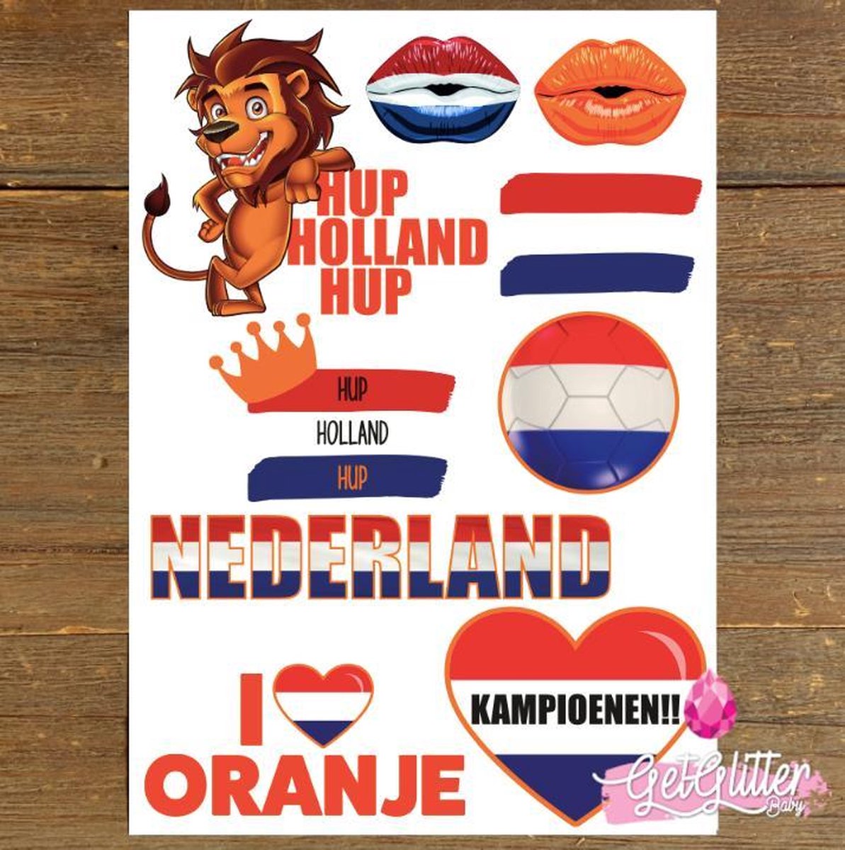 GetGlitterBaby - Plak Tattoos EK Voetbal / Tijdelijke Tattoo Sticker / Nep Tatoeage / Rood Wit Blauw Oranje Gezicht Schmink Versiering - Nederland / Nederlandse Vlag / Nederlands Elftal