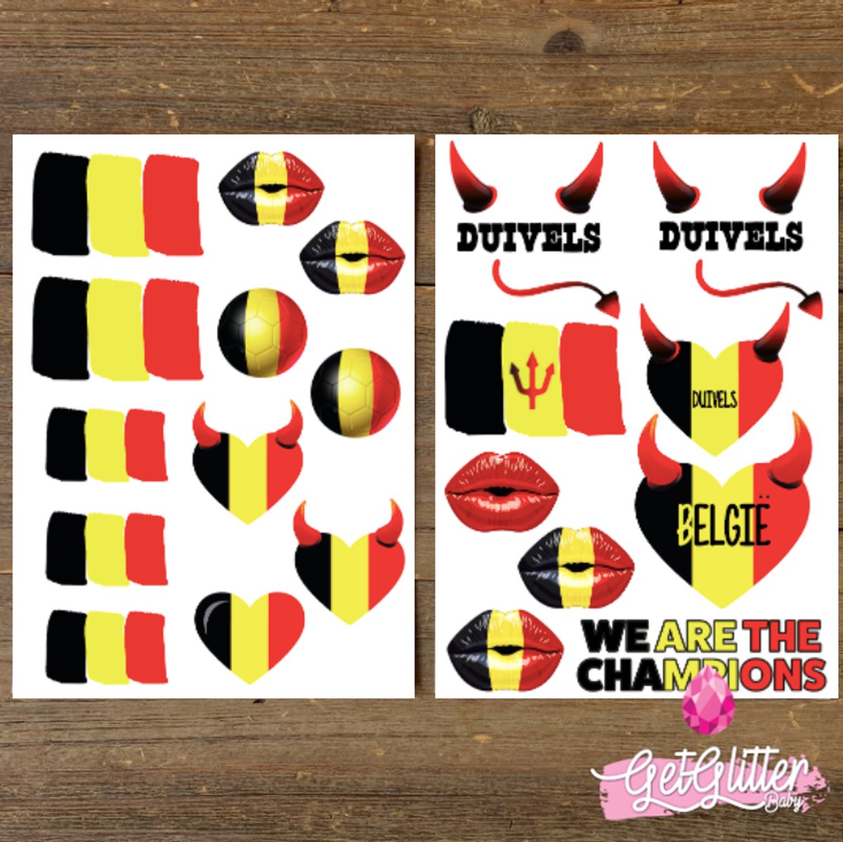 GetGlitterBaby - Plak Tattoos Voetbal / Tijdelijke Tattoo Sticker / Nep Tatoeage / Gezicht en Lichaam Schmink Versiering - België / Belgische Vlag / Duivels / Devils - 2 stuks