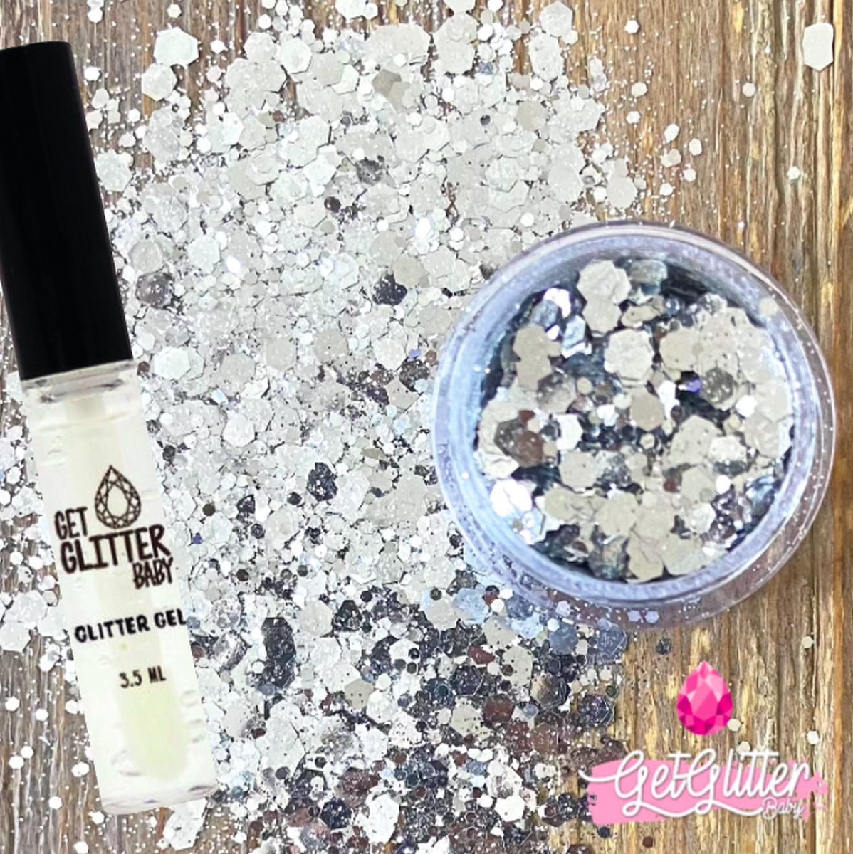 GetGlitterBaby® - Biologische / Biologisch afbreekbare Chunky Festival Glitters voor Lichaam en Gezicht / Biodegradable Face Body Glittergel - Zilver en Glitter Gel HuidLijm