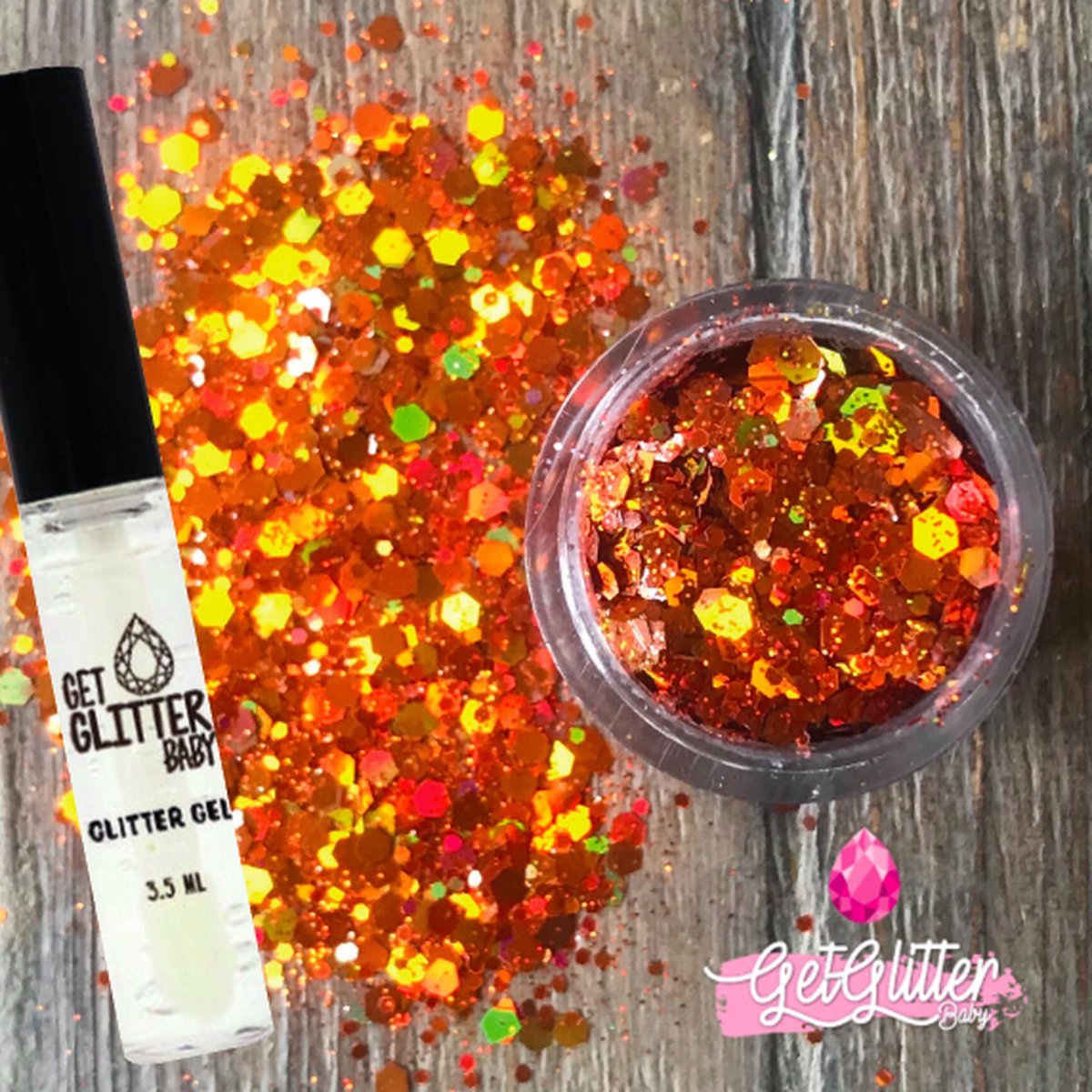 GetGlitterBaby® - Chunky Festival Glitters voor Lichaam en Gezicht / Face Body Glitter - Oranje / Goud - en Glitter Gel HuidLijm