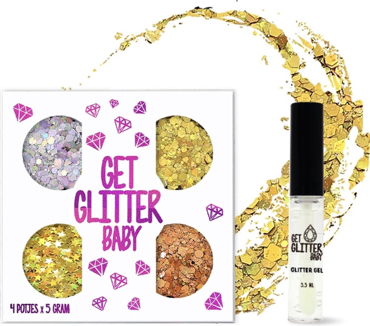 GetGlitterBaby® - Chunky Festival Glitters voor Lichaam en Gezicht Glitterset / Face Body Glitterlijm Set - 4 Potjes - en Glitter Lijm HuidLijm