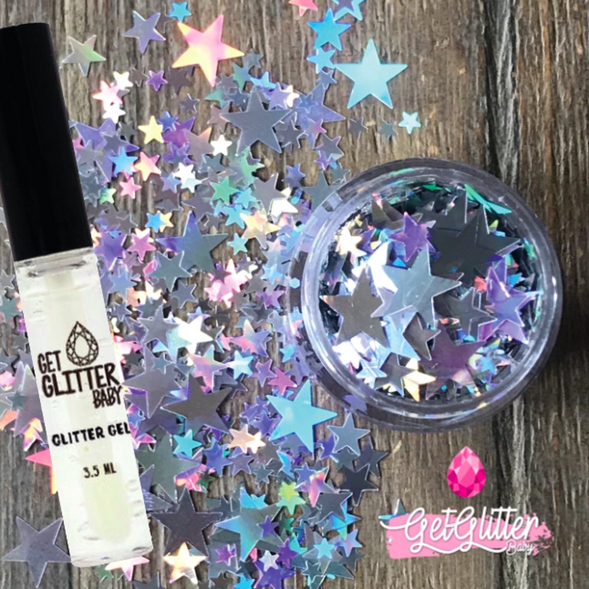 GetGlitterBaby® Chunky Festival Glitters Sterretjes voor Lichaam en Gezicht / Face Body Glitter - Zilver - en Glitter Gel HuidLijm