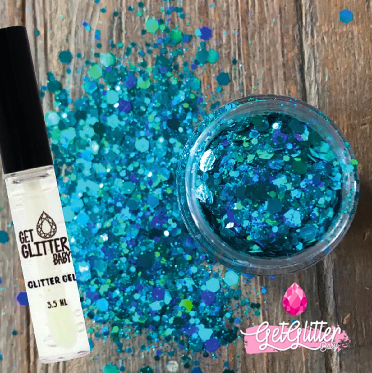 GetGlitterBaby® Chunky Festival Glitters voor Lichaam en Gezicht / Face Body Glitter - Blauw / Groen - en Glitter Gel HuidLijm