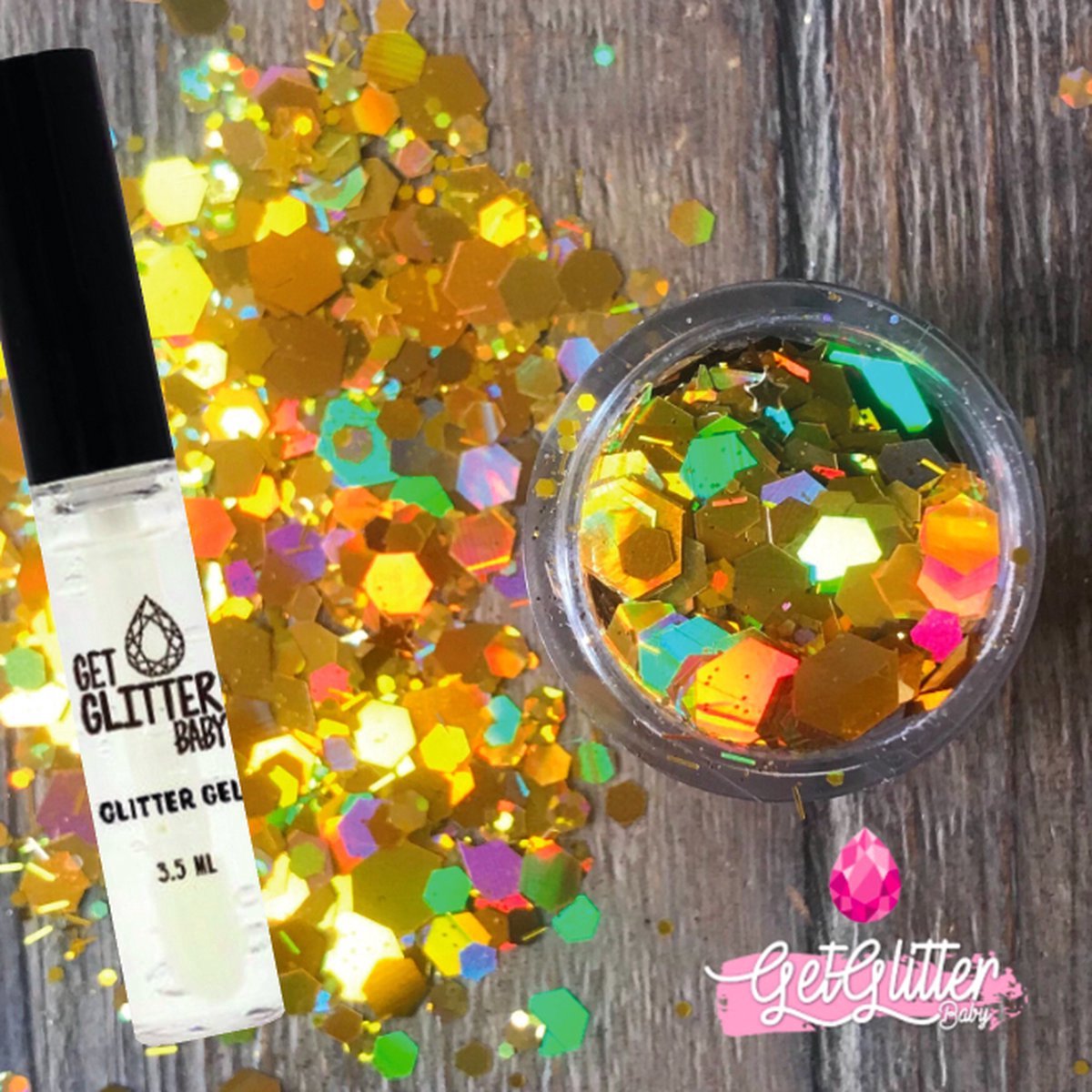 GetGlitterBaby® Chunky Festival Glitters voor Lichaam en Gezicht / Face Body Glitter - Goud - en Glitter Gel HuidLijm