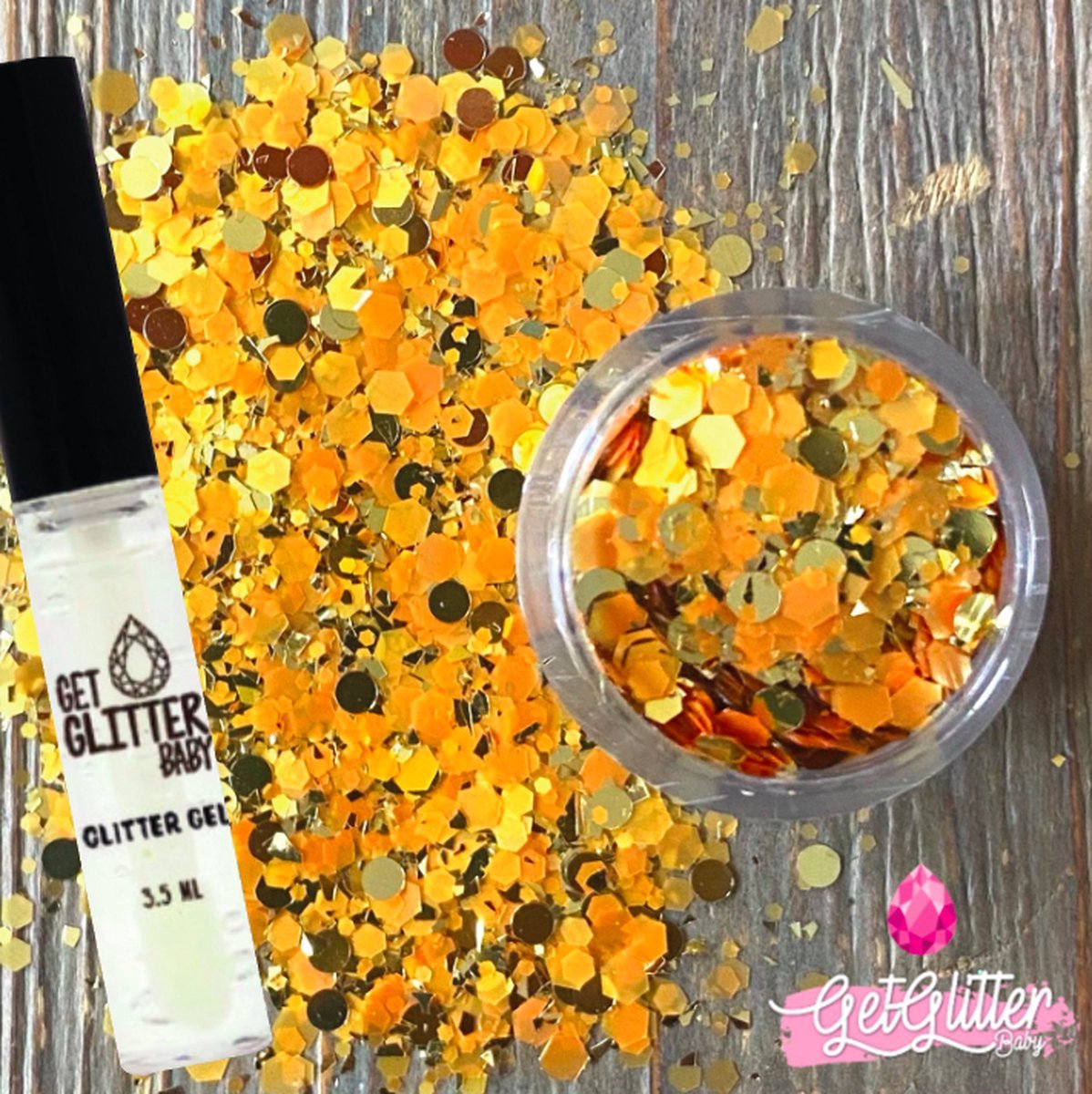 GetGlitterBaby® Chunky Festival Glitters voor Lichaam en Gezicht Face Body Glitter - Oranje / Goud en Glitter HuidLijm