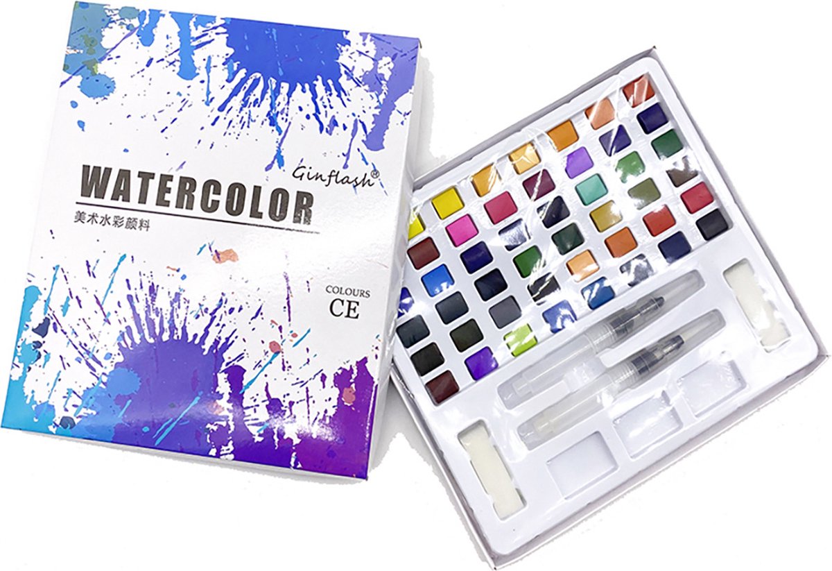 Ginflash Aquaschilder Set – Acrylverf Set 48 Kleuren – Aquarel Verf Set Met 36 Glitter Kleuren – Met Kwasten – Complete Set