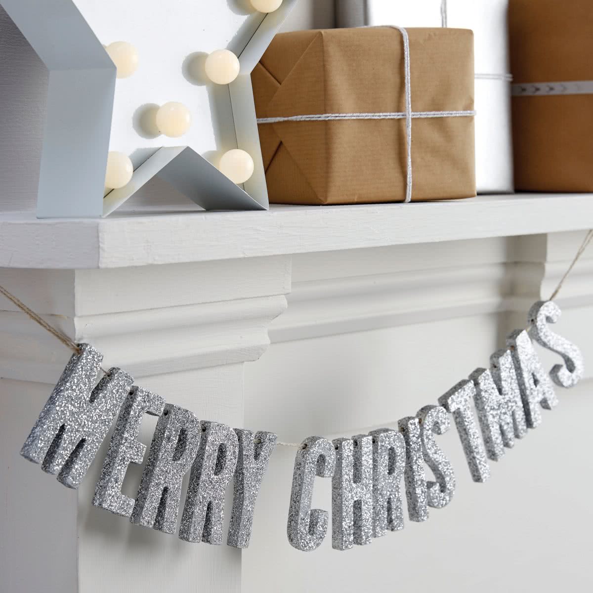 Houten glitter slinger - Merry Christmas - Zilver - 70 cm