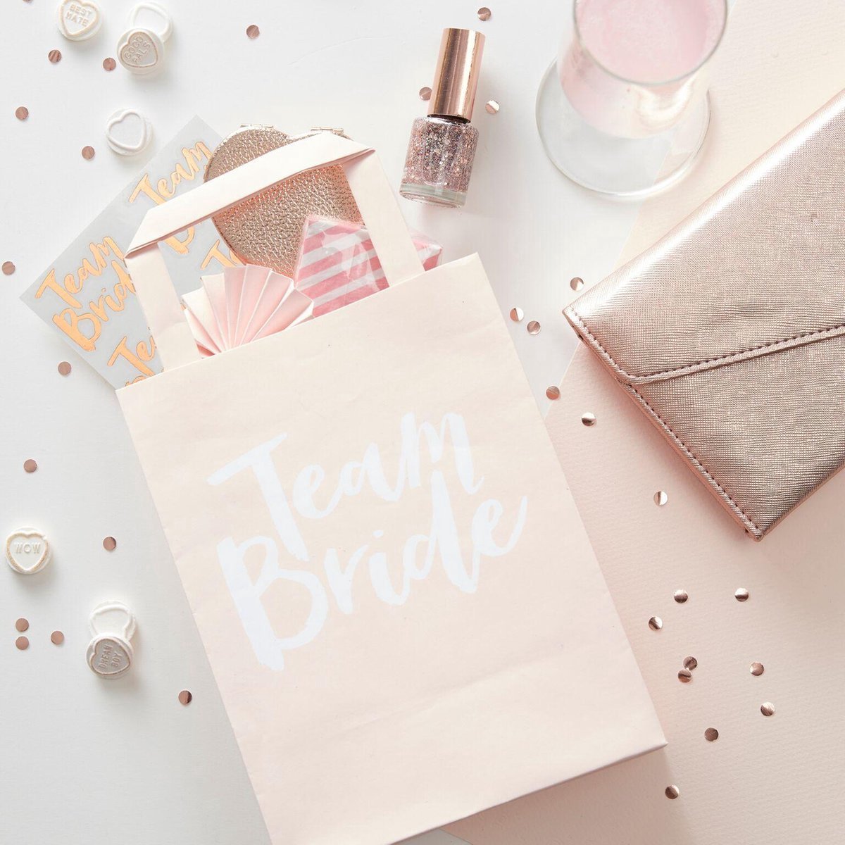 5 Team Bride Rose Gold giftbags met hengsel - vrijgezellenfeest - team bride - trouwen - huwelijk