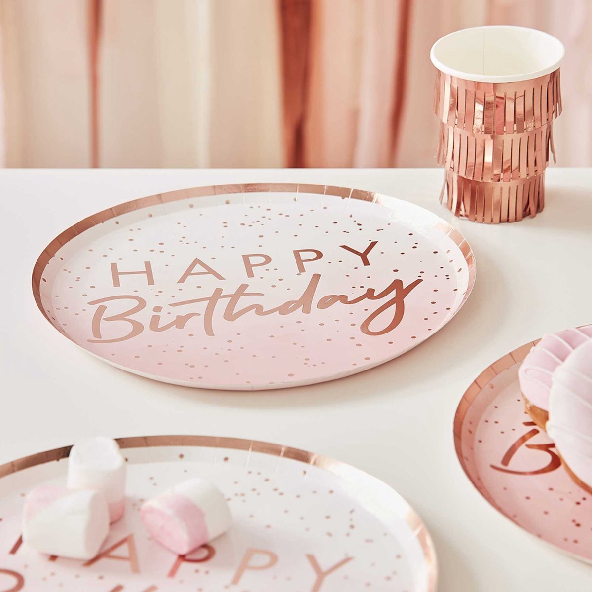 Bordjes ‘Happy Birthday Rosé Goud Ombre - 8 stuks