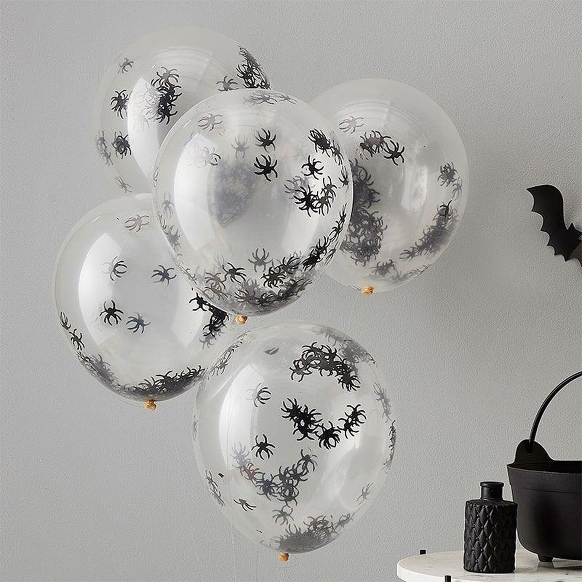 Halloween 5 ballonnen met spinnen confetti /  Halloween feest / Halloween decoratie / spinnen / confetti ballon vleermuis