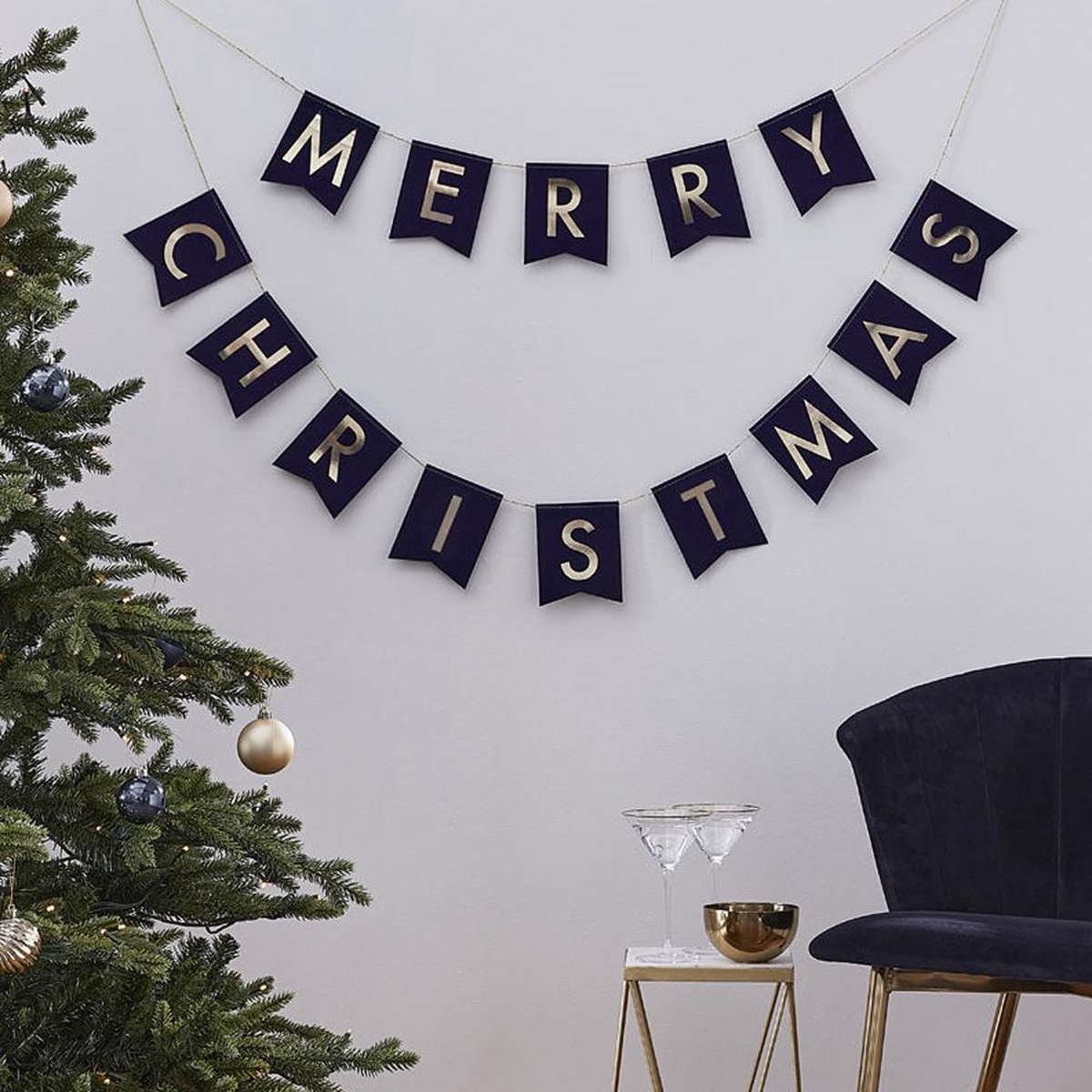 Letterbanner Merry Christmas Blauw Velvet - 2 meter