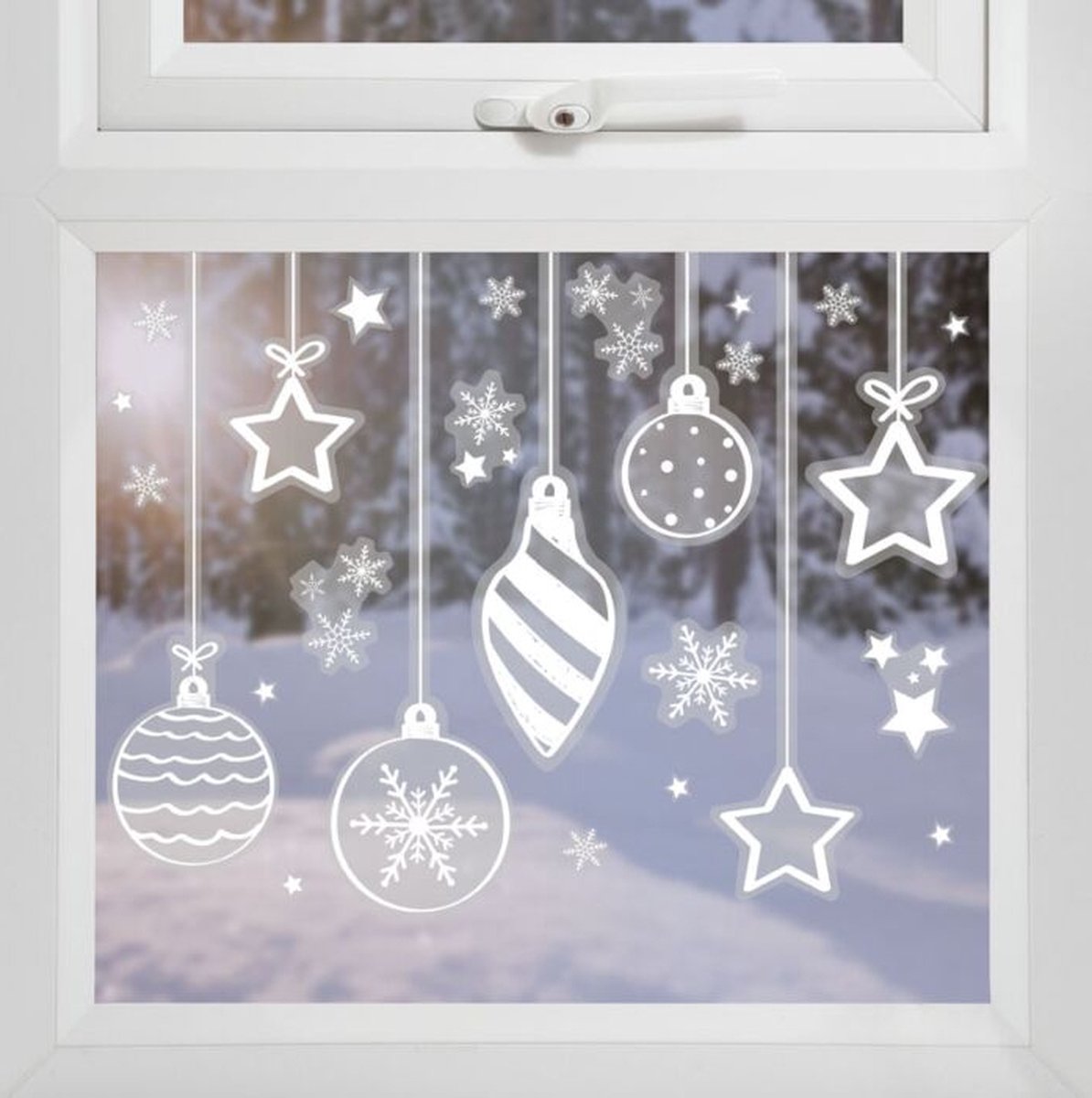 Merry Christmas - Raamsticker kerstballen en kerststerren - wit (56 stuks)