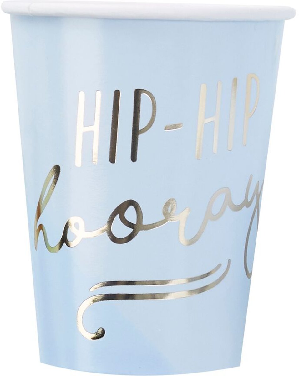 Papieren bekers Hip Hip Hooray blauw (8 stuks)