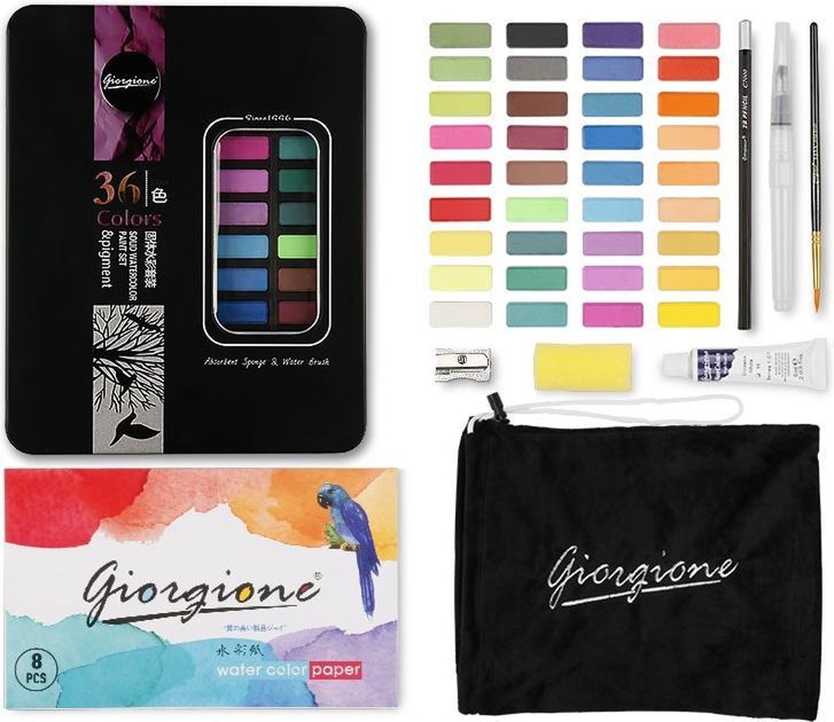 Giorgione® Aquarelverf Starters Set met 36 kleuren incl. – Penseelstift, Waterkwast, Verfpapier & Accessoires – Zwart – De perfecte aquarelverf starters set voor volwassenen & kinderen